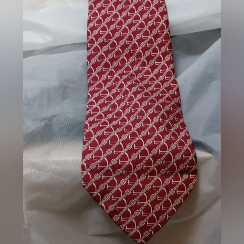 Hermes 100% Silk Wine Red VTG Tie w/ Orange Birkin Buckle Belt & Stirrup 7020 TA